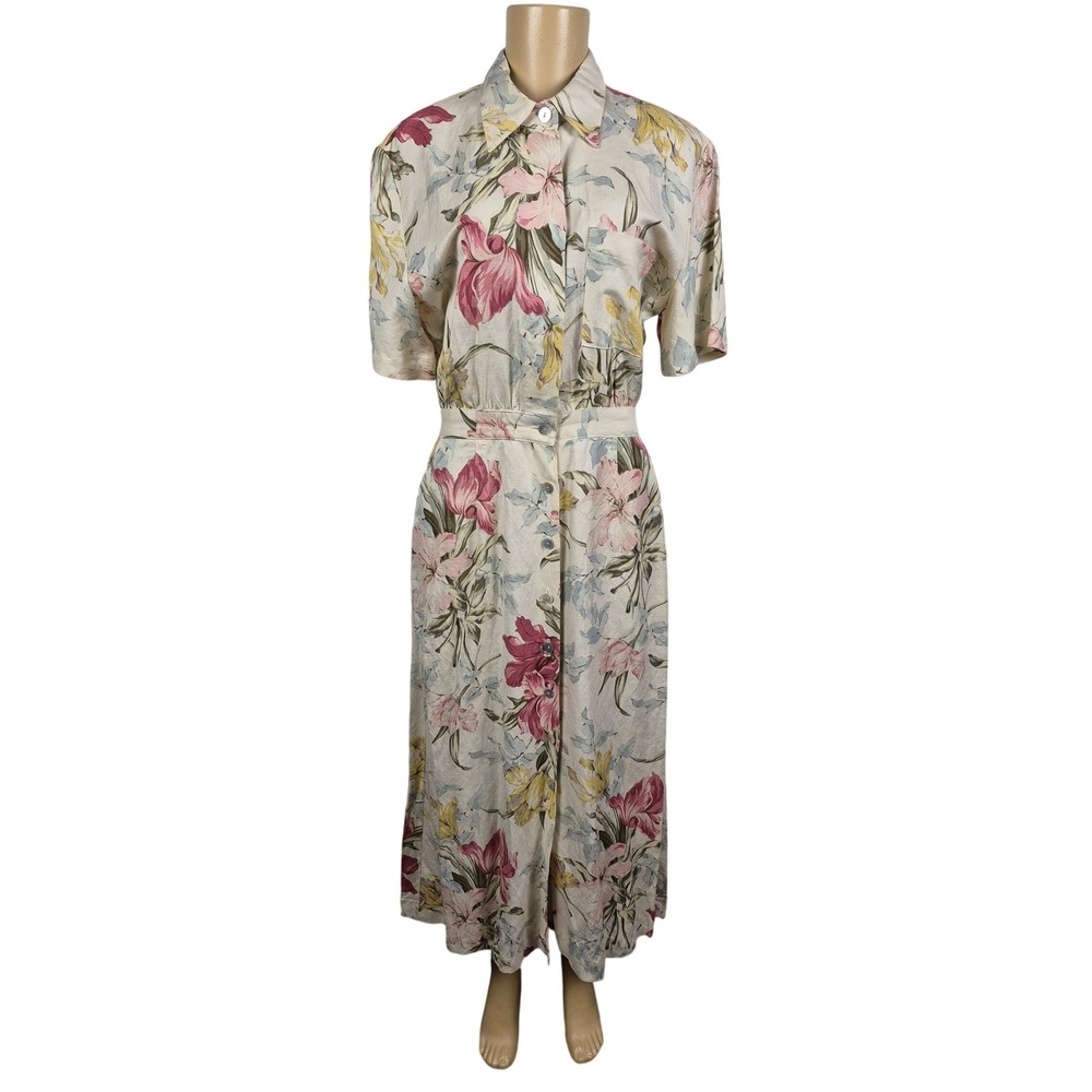 Vtg Carol Anderson Floral Linen Rayon Shirt Dress Pink Yellow 8 Cottage Coastal